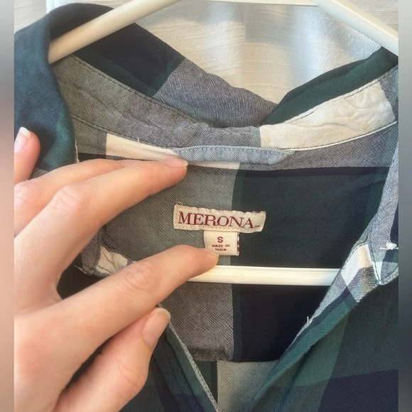 Merona plaid long sleeve button down green and blue size S - Picture 2 of 9
